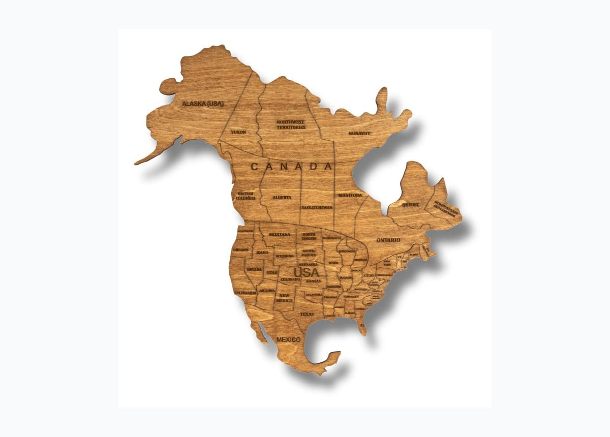 Exclusive wooden map with detailed names borders states and cities