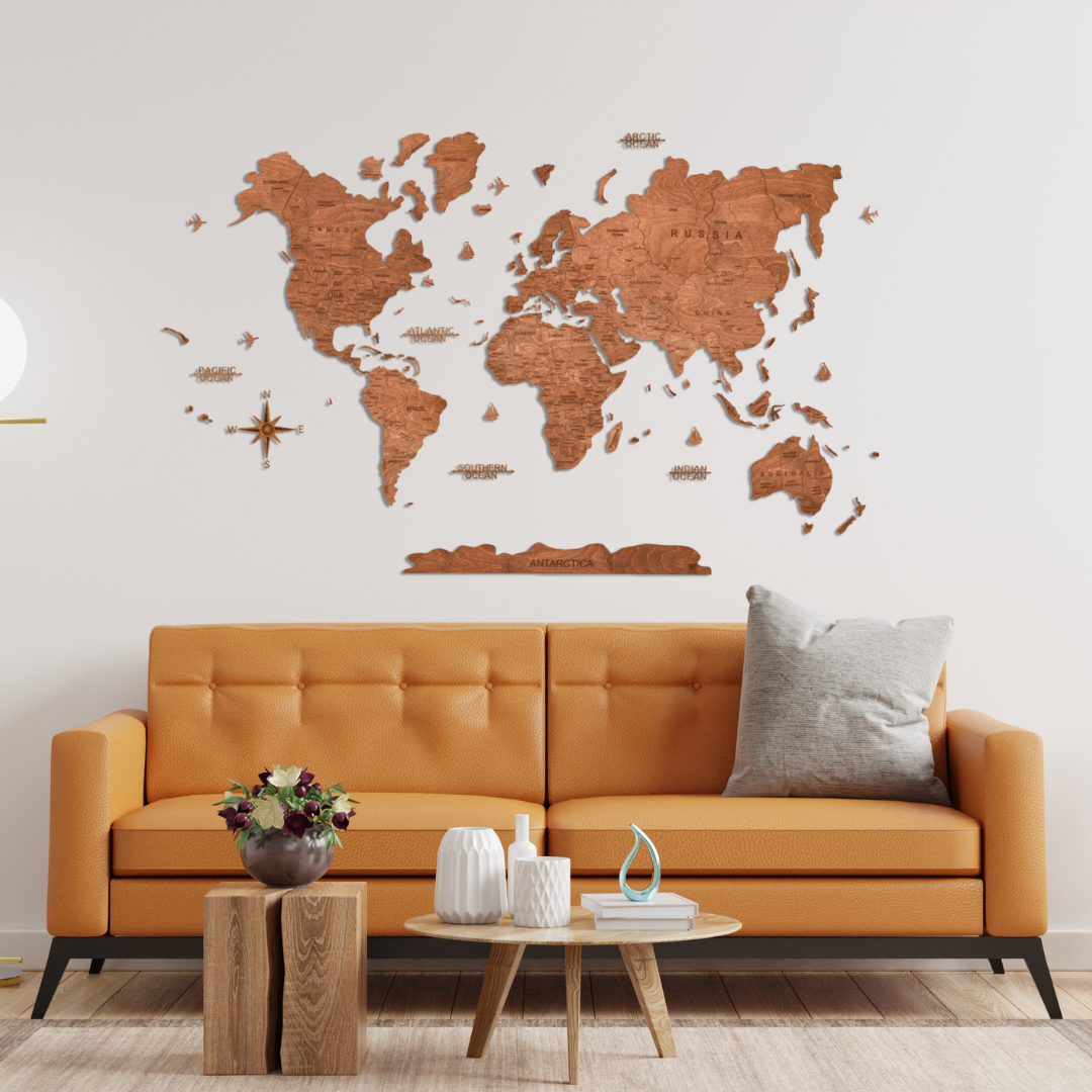Brown wooden world map above sofa