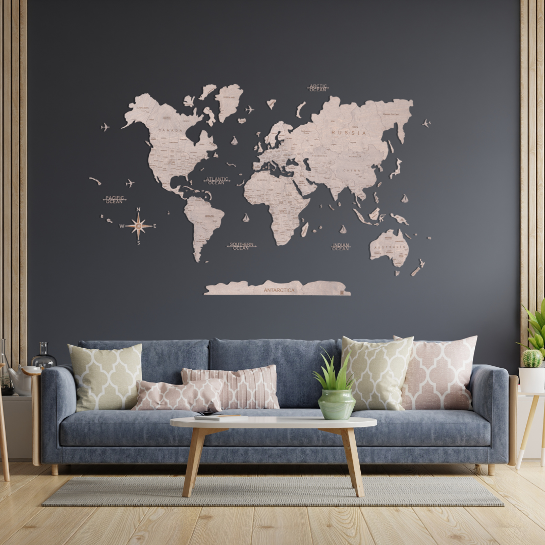 Gray wooden world map