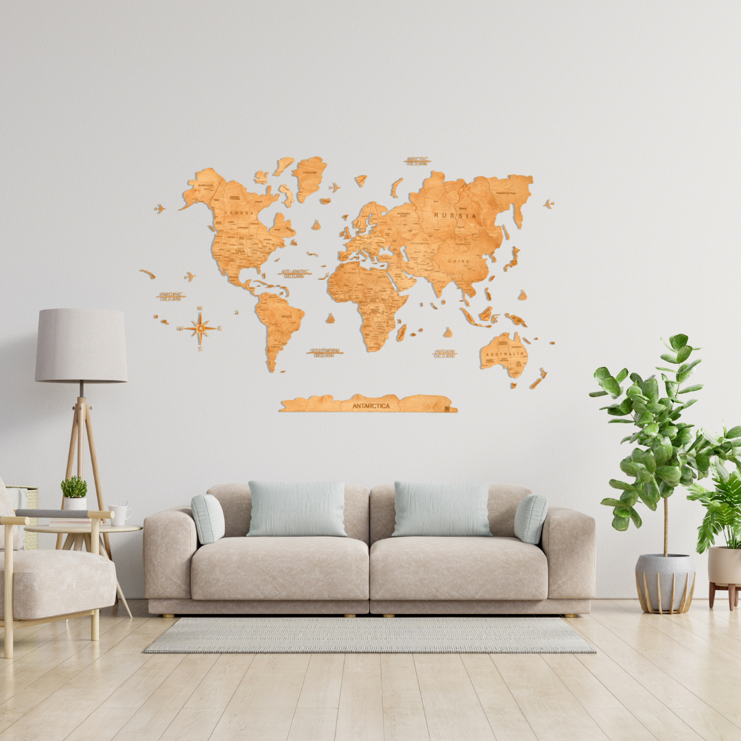 Light brown wooden world map